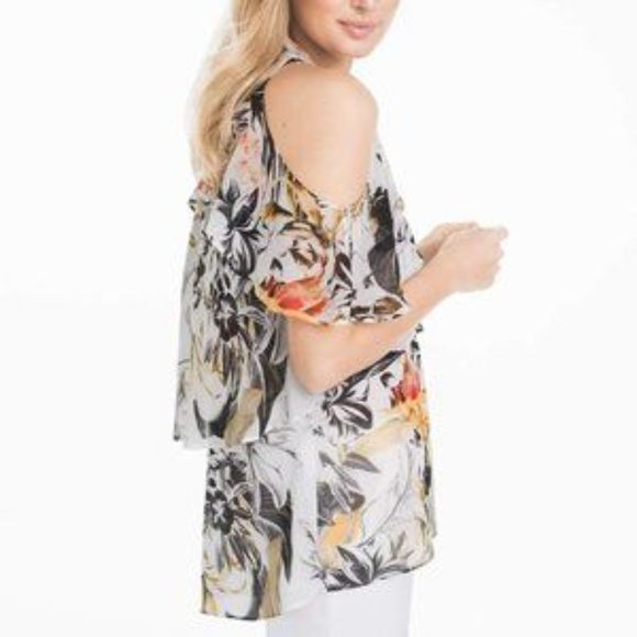 WHBM Floral Cold Shoulder Ruffle Blouse Size S - Picture 2 of 10